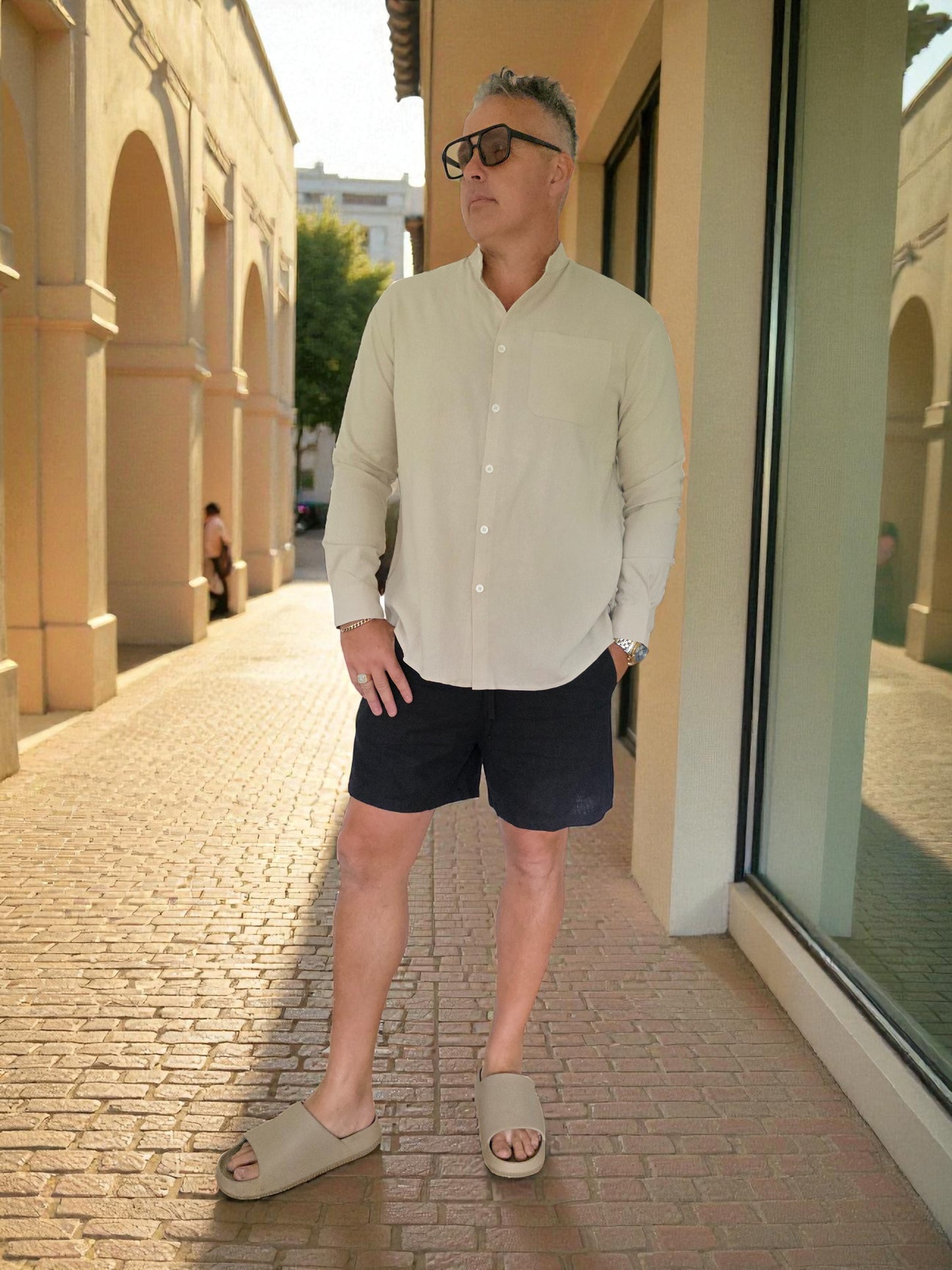 Men's Lusso Mandarin Collar shirt - Beige