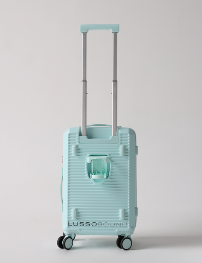 Light blue suitcase with 'LUSSOBOUND' branding and cup holder on a light gray background